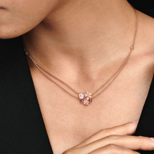Colar de Corrente Dupla de Flor de Pêssego Rosa