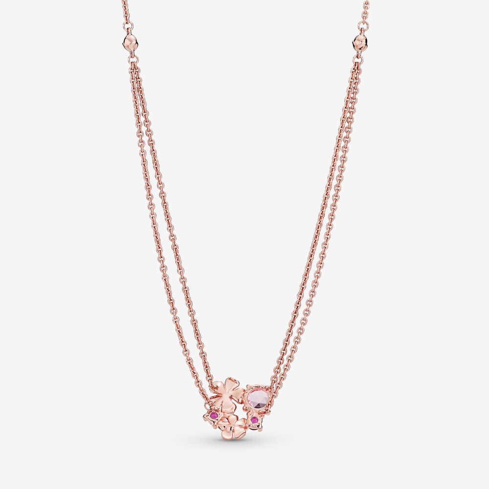 Colar de Corrente Dupla de Flor de Pêssego Rosa