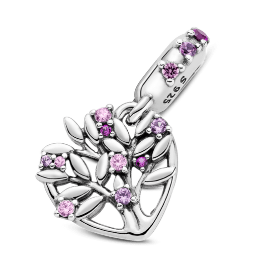 Charm Pendente de Coração e Árvore da Família Rosa