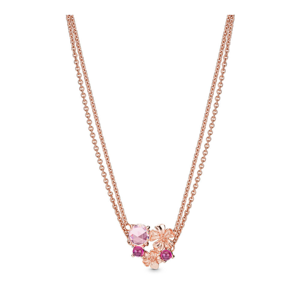 Colar de Corrente Dupla de Flor de Pêssego Rosa