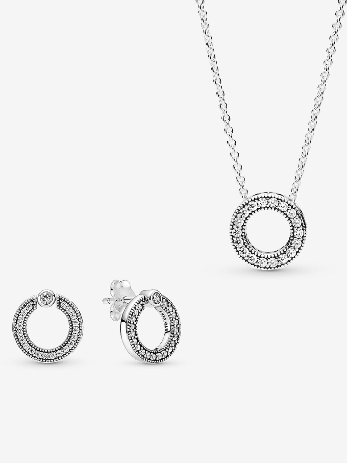 Conjunto Colar e Brincos Círculo com Pavê e Logo