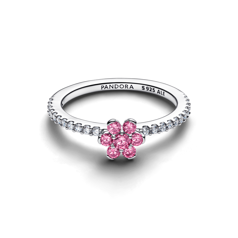 Anel De Prata Flor Rosa Brilhante