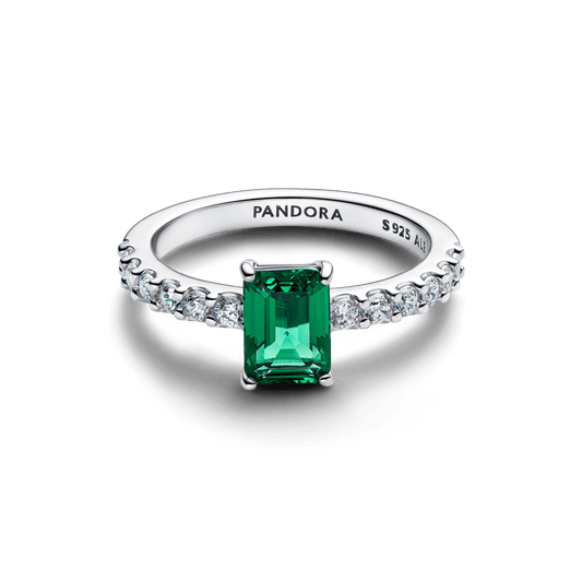 Anel Solitario Prata Com Cristal Verde Retangular