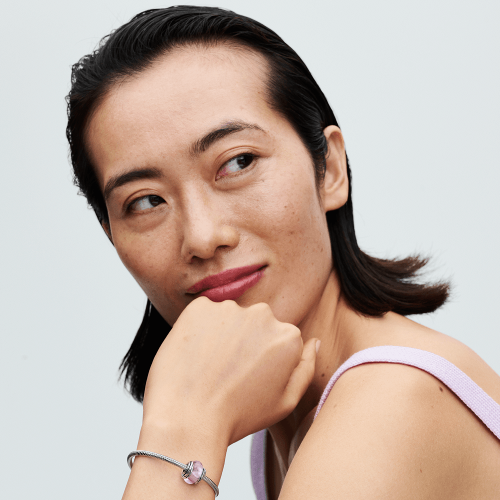 Charm Prata Círculo Vidro Murano Rosa