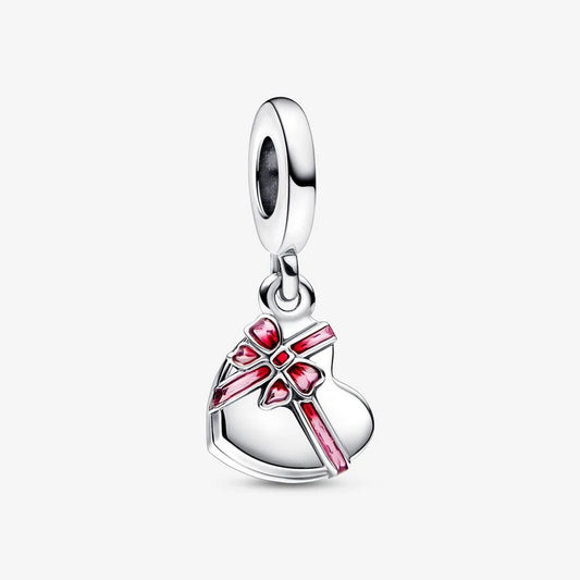 Charm Caixa de chocolate aberta balança de prata esterlina com esmalte rosa e vermelho
