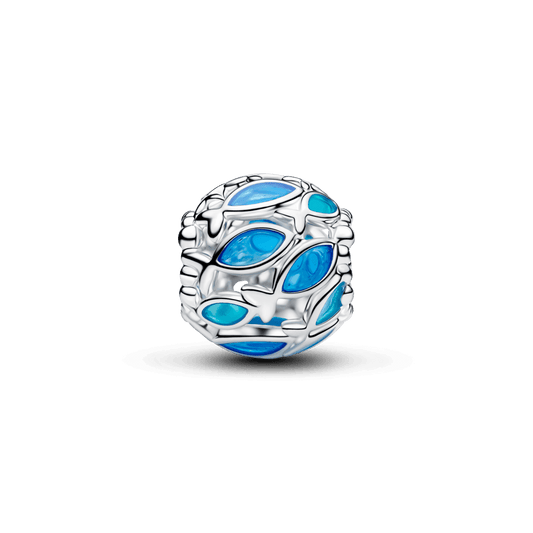 Charm Prata Redondo Peixes Em Esmalte Azul