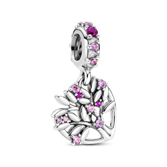 Charm Pendente de Coração e Árvore da Família Rosa
