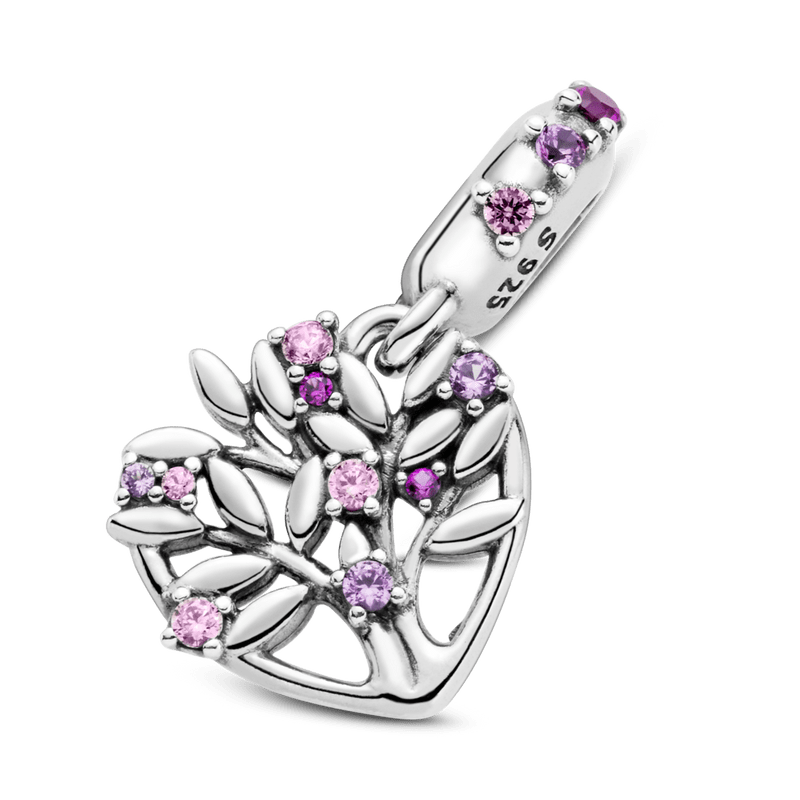 Charm Pendente de Coração e Árvore da Família Rosa