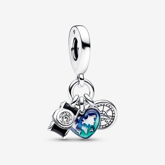 Charm Triplo Câmera, Coração e Bússola