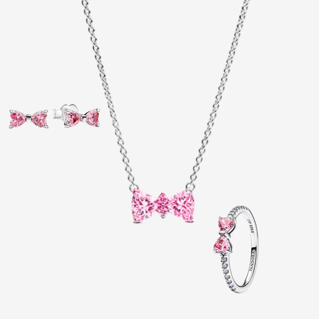 Conjunto Laço Rosa Colar, Brincos e Anel