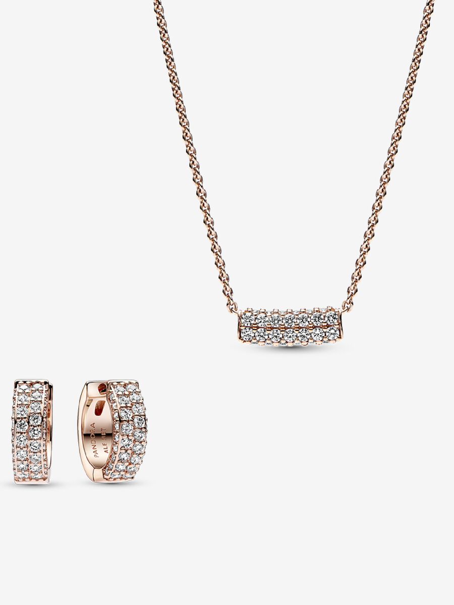 Conjunto de Colar e Brincos Dupla Fileira Pavê Rosa