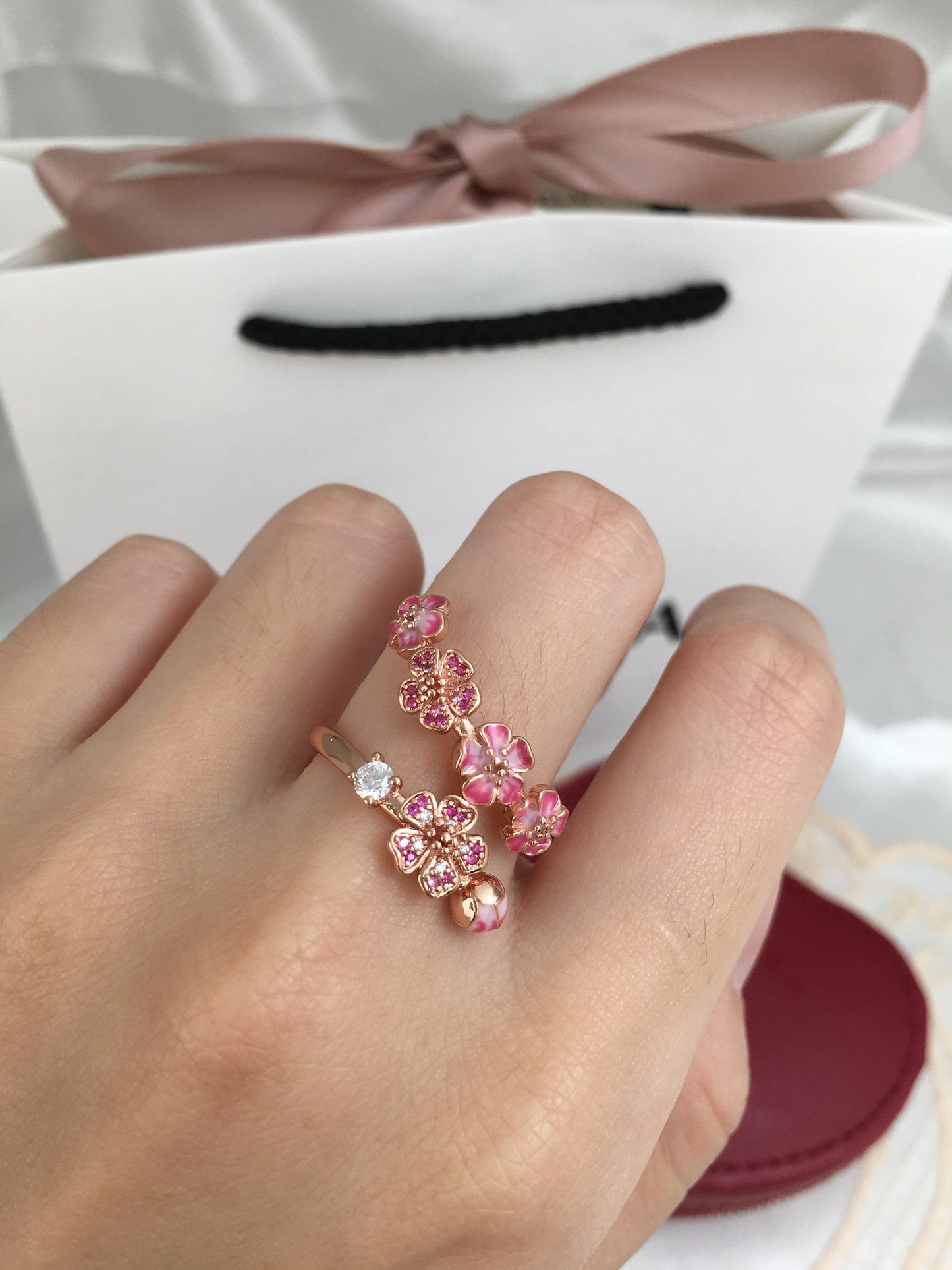 Anel Aberto de Ramo de Pessegueiro Rosa