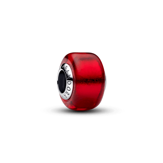 Charm Prata Redondo Em Vidro Murano Vermelho