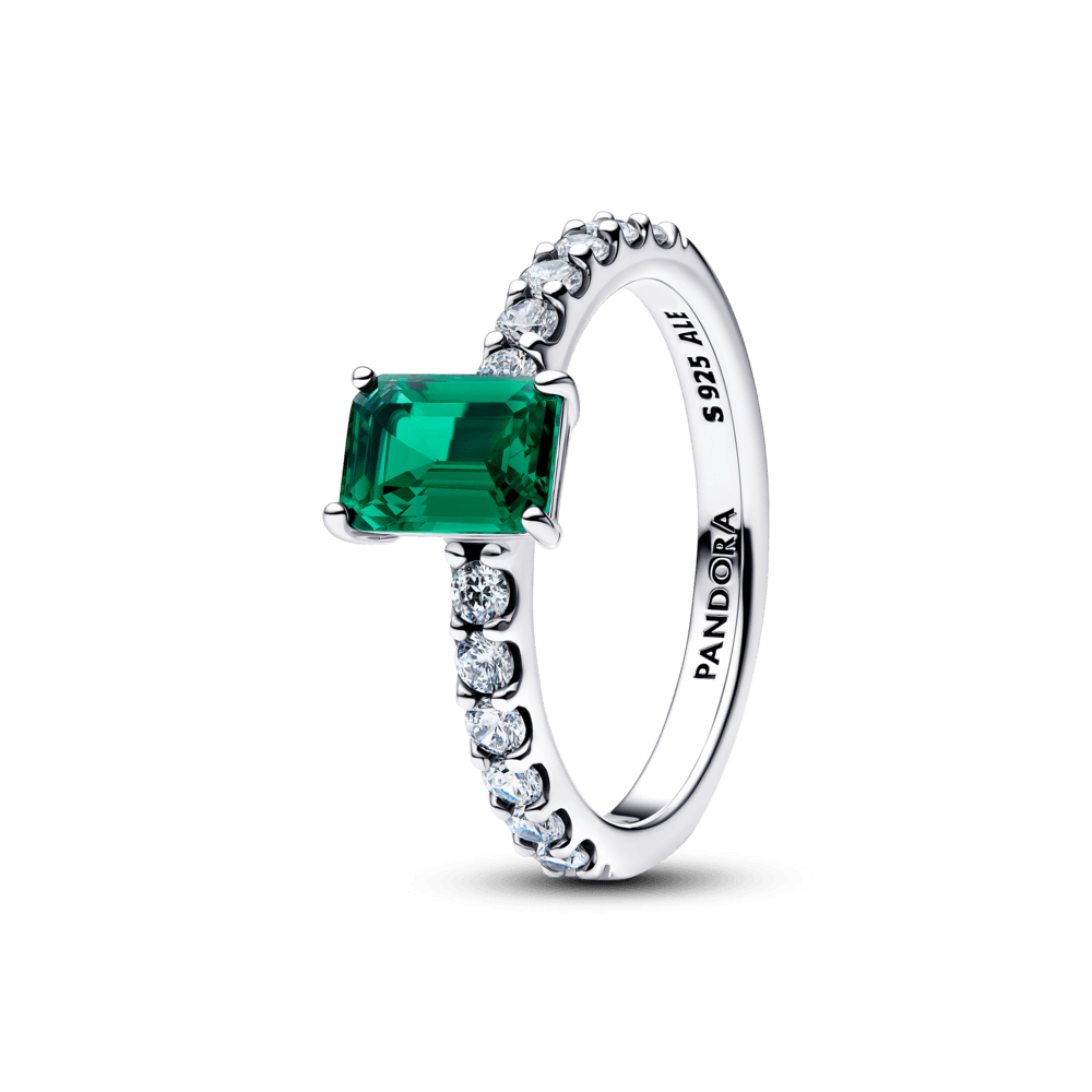 Anel Solitario Prata Com Cristal Verde Retangular