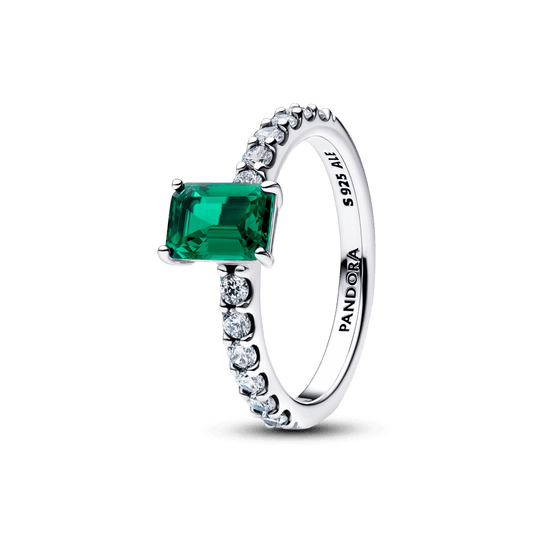 Anel Solitario Prata Com Cristal Verde Retangular