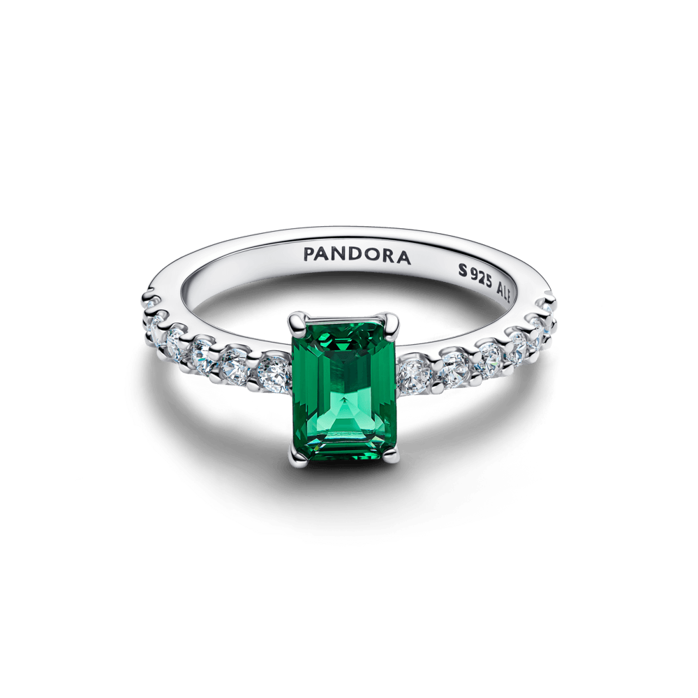 Anel Solitario Prata Com Cristal Verde Retangular