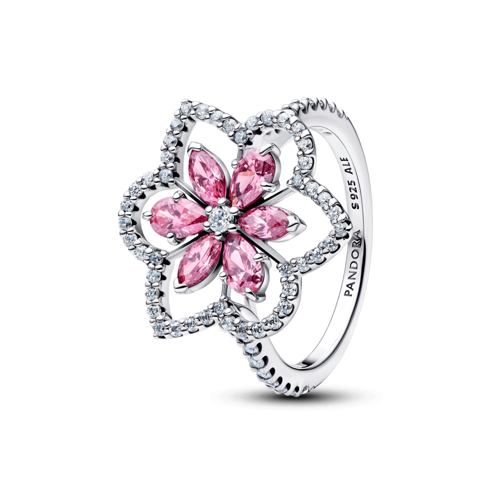 Anel De Prata Floral Herbario Rosa Brilhante