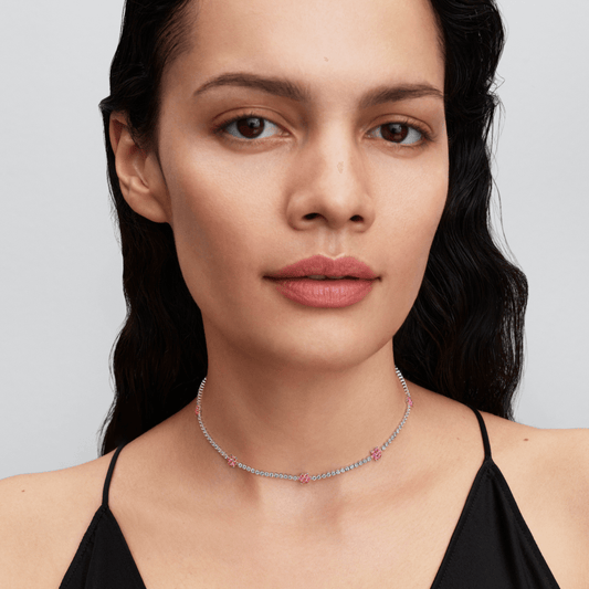 Colar Choker Prata Floral Herbário Rosa Brilhante