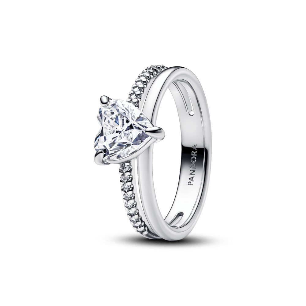 Anel Prata Coração Solitário Aliança de Aro Duplo