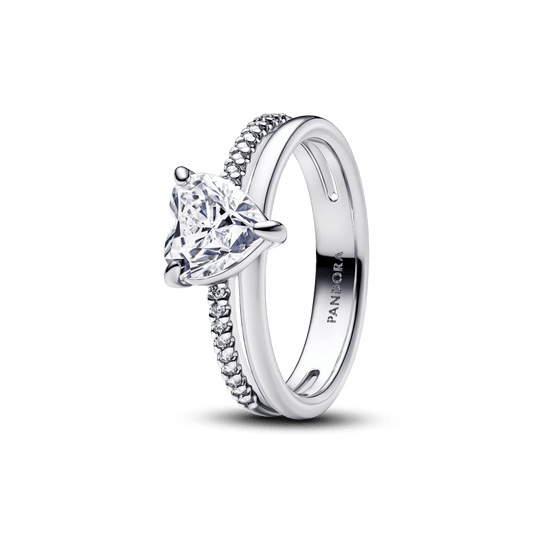 Anel Prata Coração Solitário Aliança de Aro Duplo