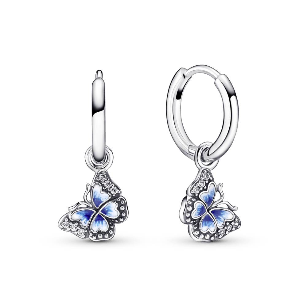Brinco Argola Prata e Mini Charm Borboleta Azul