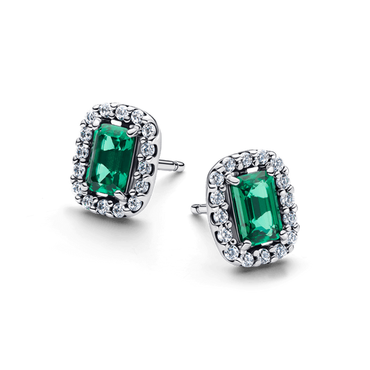 Brinco De Prata Pequeno Com Cristal Verde Retangular